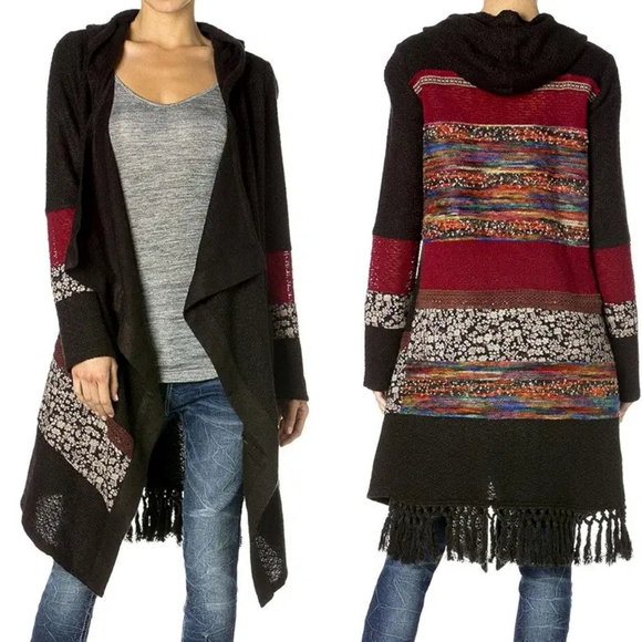 Miss Me Sweaters - Miss Me MixMaster Hooded Open Front Sweater black rainbow fringe size large